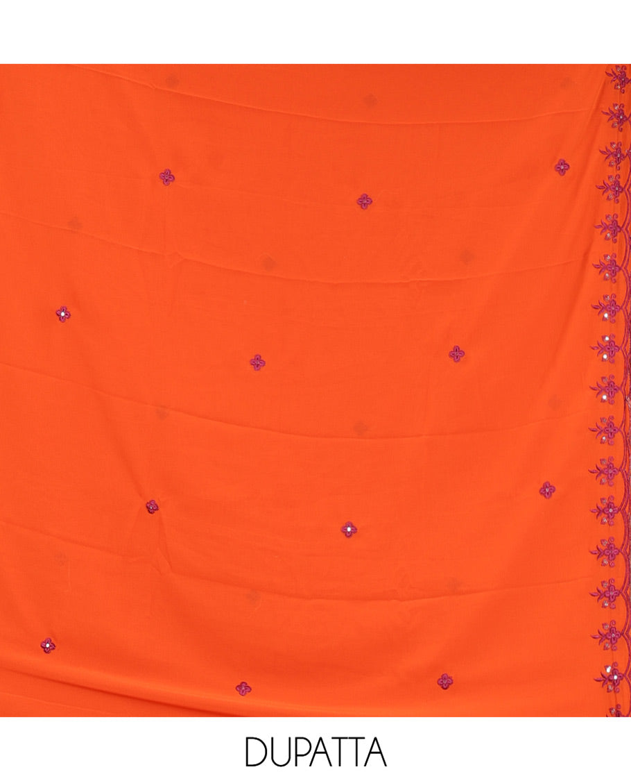 Rust-Purple Georgette Material Chudidar Set, Features Thread and Mirror Work Top, a Plain Santoon Bottom, and an Embroidered Georgette Dupatta