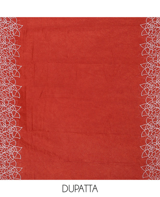 Dark Rust Organza Crushed Material Churidar Set, Elegantly Elevated with Floral-Themed Thread Embroidery Top, Comes with a Plain Santoon Bottom, and Is Paired with Organza Crushed Dupatta of Floral Thread Embroidery