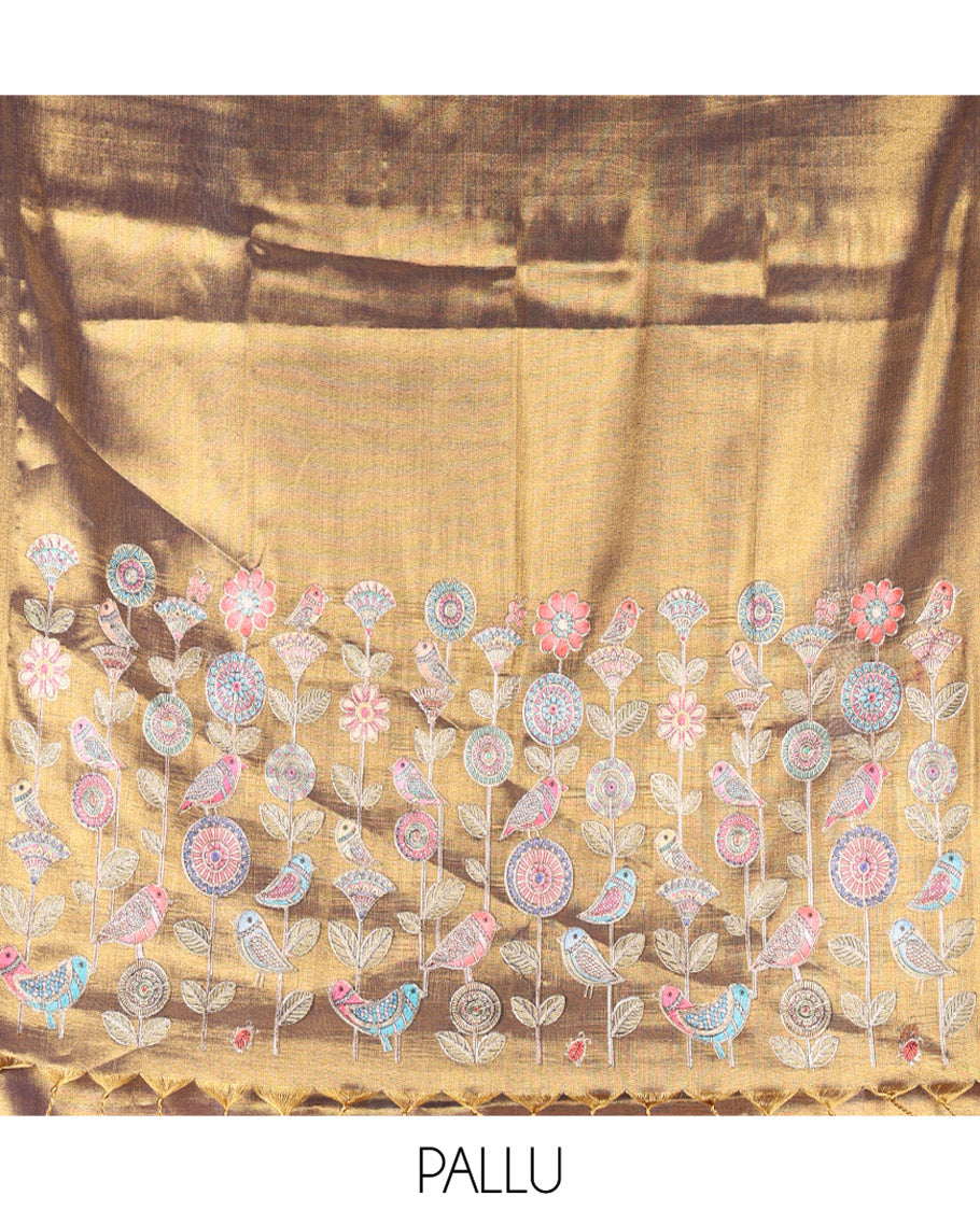Borderless Navy Blue Tissue Saree, Enthralled with Colorful Floral-Bird Motif Printed with Outline Embroidery on Its Body, and Paired with a Readymade Elbow-Sleeve Round-Neck Blouse