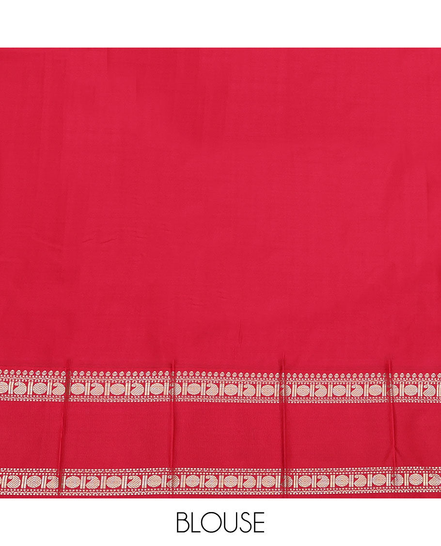 Green Budget Silk Saree, Detailed with Zari Buttas and Stripes on Its Body, Complemented by a Contrast Traditional Zari Design Rettai Pettu Border, Grand Jaal Pallu, and Paired with a Contrast Blouse