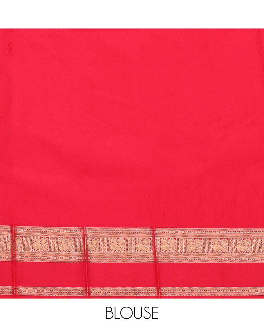 Black Budget Silk Saree, Gleamed Up with Zari Buttas, Complemented by a Contrast Traditional Rettai Pettu Border, Grand Pallu, and a Contrast Blouse