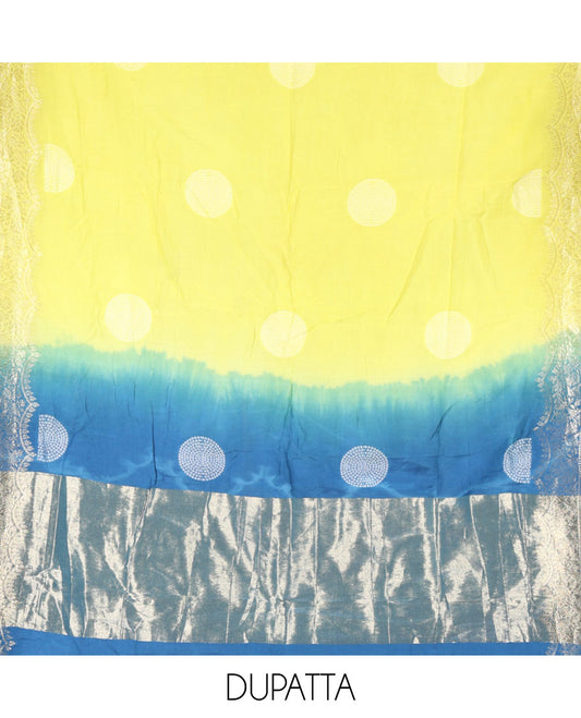 Blue Semi Silk Material Churidar Set, Subtly Made Plain Top, a Plain Santoon Bottom, and Is Paired with a Dual-Colored Bandhani Motifs Semi Silk Dupatta