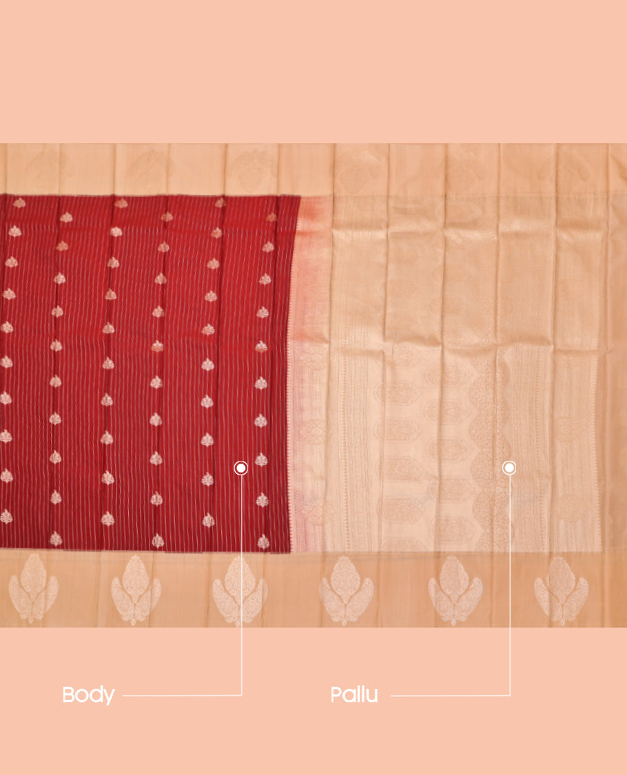 Red Budget Silk Saree, Bedecked with Zari Buttas and Stripes, Complemented by a Contrast Zari Border, Grand Pallu, and a Contrast Blouse