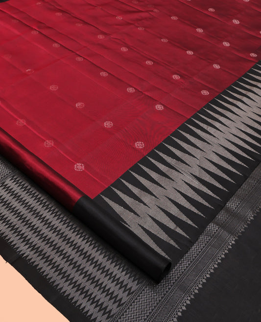 Red Mayuri Soft Silk Saree, Adorned with Zari Buttas All Over Its Body, Complemented by Contrast Chevron Striped Border, Pallu of Geometric Patterns and Paired with a Contrast Blouse