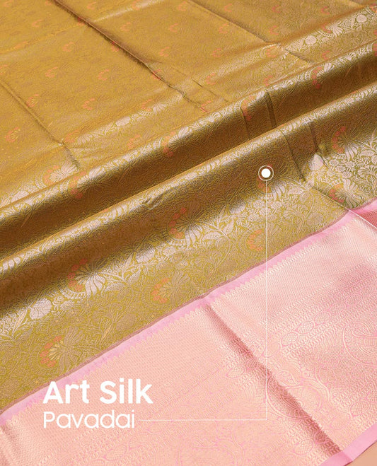 Green Art Silk Pavadai Material Set, Masterfully Woven with Floral Jacquard Designs on Its Skirt, Complemented by a Contrast Traditional Zari Design Border, and Paired with a Contrast Blouse