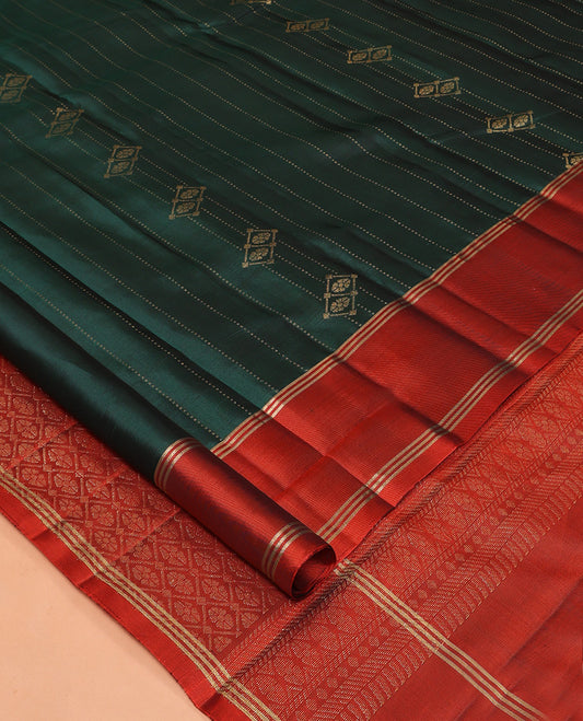 Green Mayuri Lite Silk Mix Saree, Enriched with Zari Buttas and Stripes, Complemented by a Contrast Bodi Border, Jaal Pallu, and a Contrast Blouse