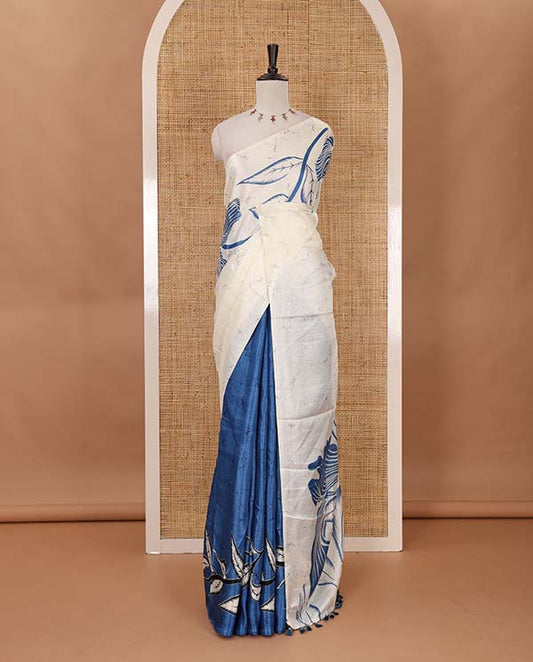 Borderless cream-blue batik-style floral printed khadi cotton saree, printed pallu & printed blouse