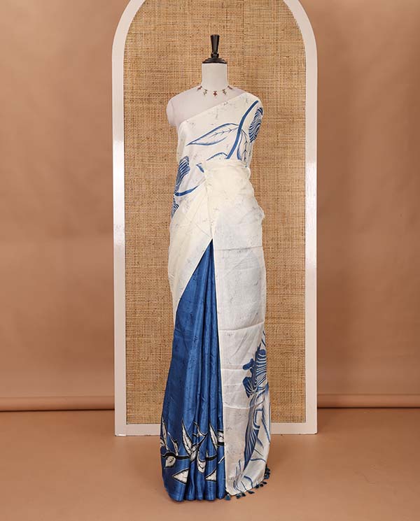 Borderless cream-blue batik-style floral printed khadi cotton saree, printed pallu & printed blouse