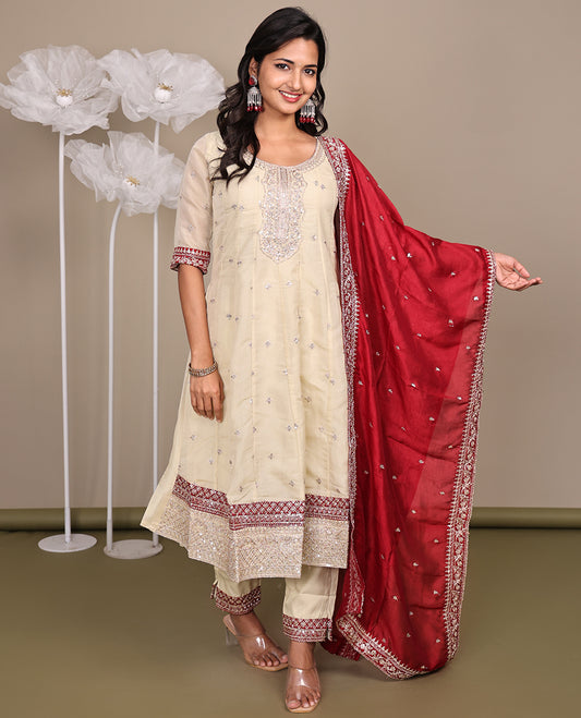 Cream Ready-Made Tissue Suit, Enthralled with Embroidered Round Neckline, 3/4 Sleeves, and an A-Line Top, Paired with Straight-Cut Pants and a Contrast Embroidered Dupatta