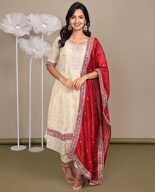 Cream Ready-Made Tissue Suit, Enthralled with Embroidered Round Neckline, 3/4 Sleeves, and an A-Line Top, Paired with Straight-Cut Pants and a Contrast Embroidered Dupatta