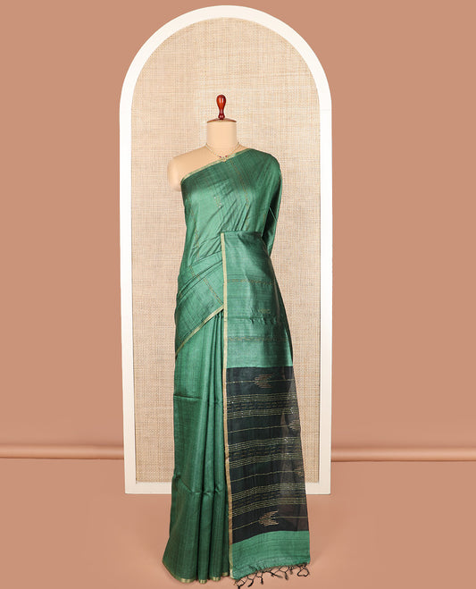 Borderless green sequins striped tussar saree, contrast pallu of sequins stripes