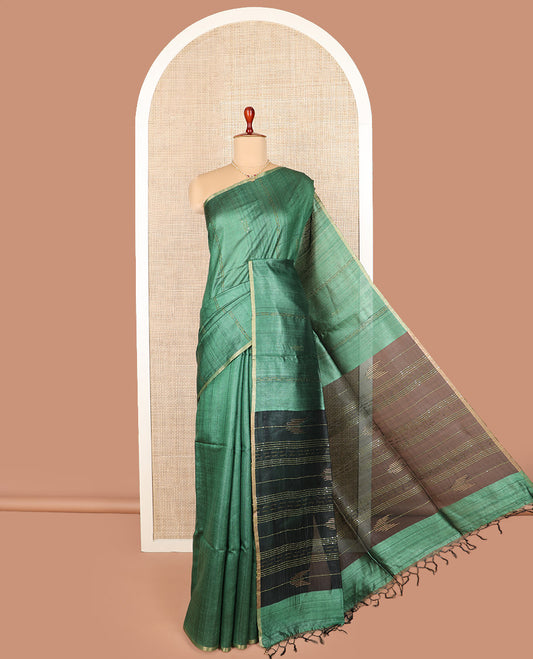 Borderless green sequins striped tussar saree, contrast pallu of sequins stripes
