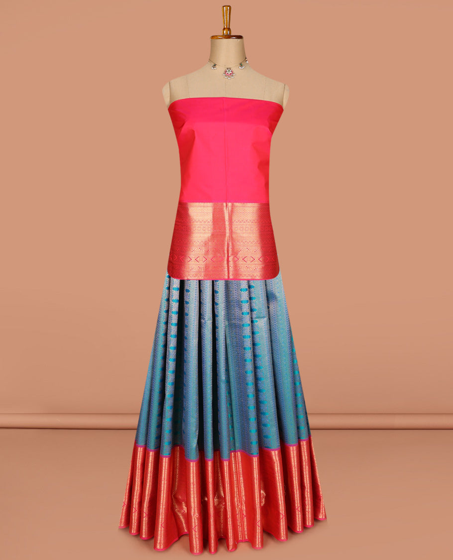 Peacock blue pure silk half-saree, jacquard with contrast traditional zari bordered skirt, contrast zari design blouse, and zari design dhavani