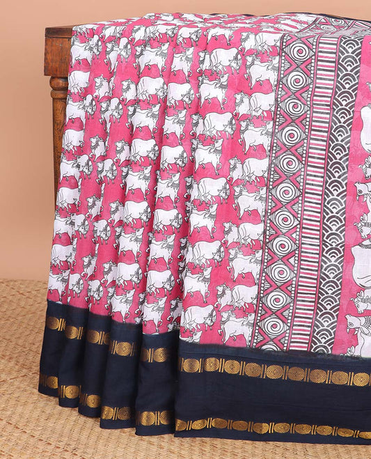 Pink pichwai printed sungudi cotton saree with contrast double pad, rudraksh border