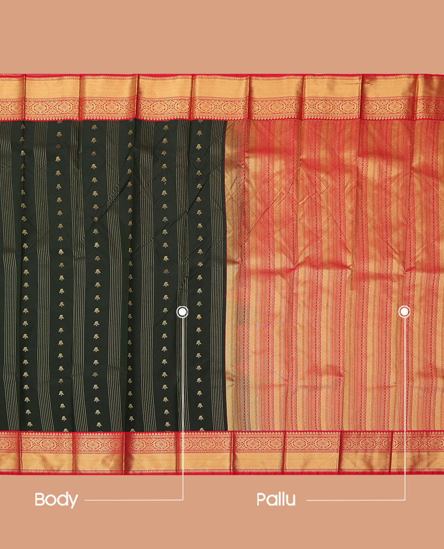 Deep Green Budget Silk Saree, Elevated with Zari Buttas and Stripes, a Contrast Traditional Zari Border, Grand Pallu, and a Contrast Blouse