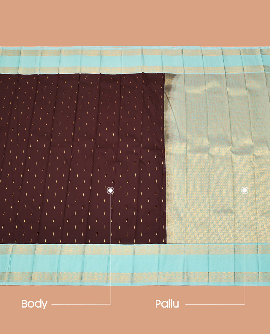 Brown Budget Silk Saree, Subtly Sparkled With Buttas On Its Body, Complemented by Contrast Rettai Pettu Traditional Zari Designs Woven Border, Grand Jaal Pallu and Paired with a Contrast Blouse