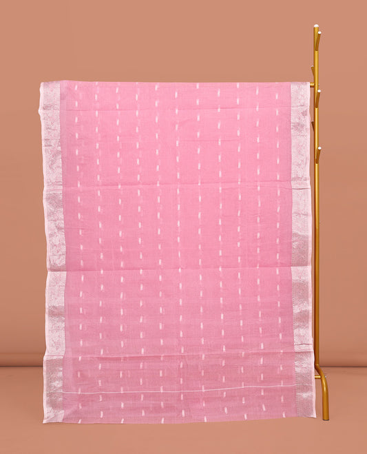Pink Bengal Cotton Saree, Enthralled with Buttas All Over Its Body, Complemented by a Contrast Paisley Zari Design Border, Pallu of Stripes, and Paired with a Matching Blouse
