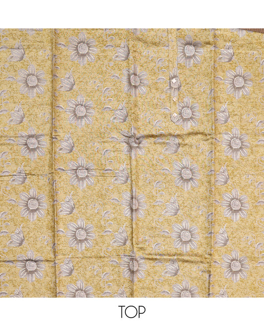 Yellow Material Chudidar Set, Beautified with Floral Abstract Print and Neck Embroidery on Cotton Top, a Contrast Plain Cotton Bottom, and Paired with a Plain Dupatta