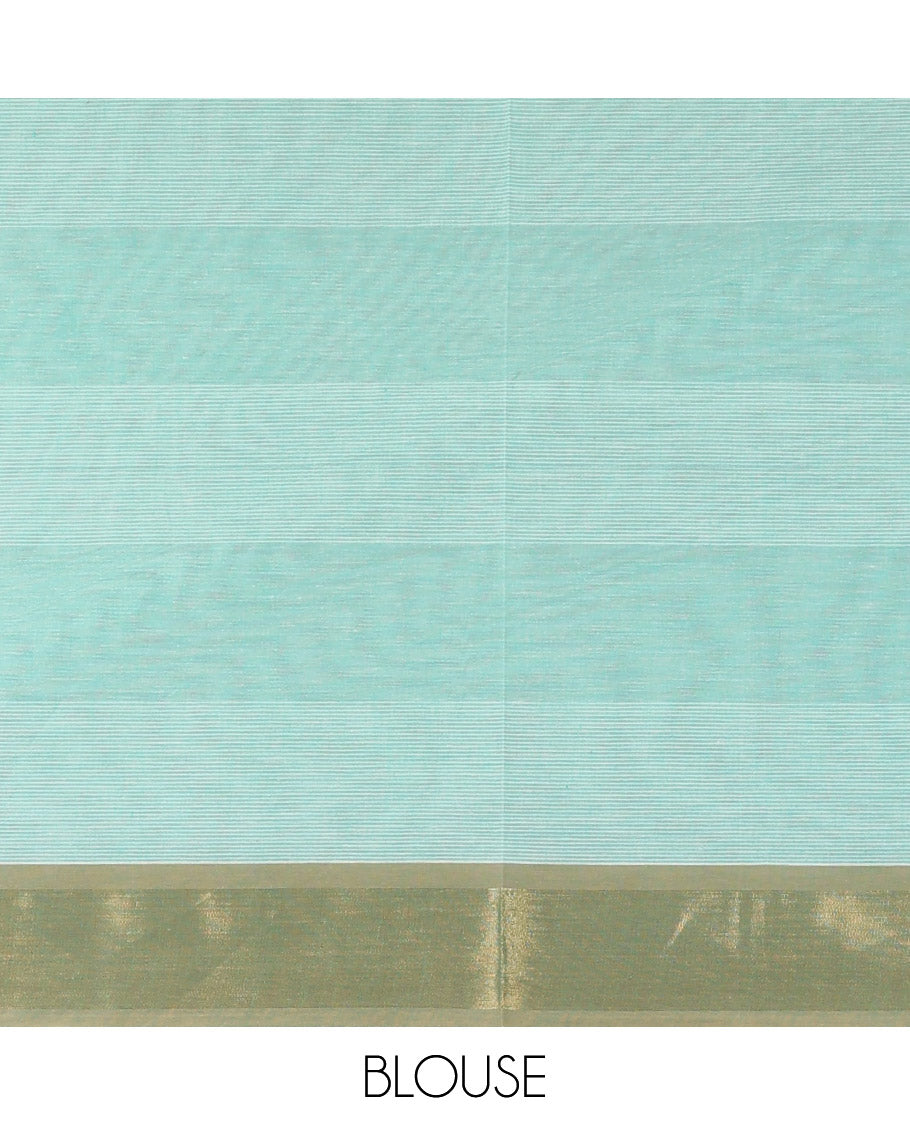 Brown striped Coimbatore cotton saree with buttas, zari border & floral design pallu
