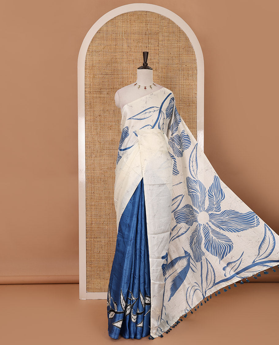 Borderless cream-blue batik-style floral printed khadi cotton saree, printed pallu & printed blouse