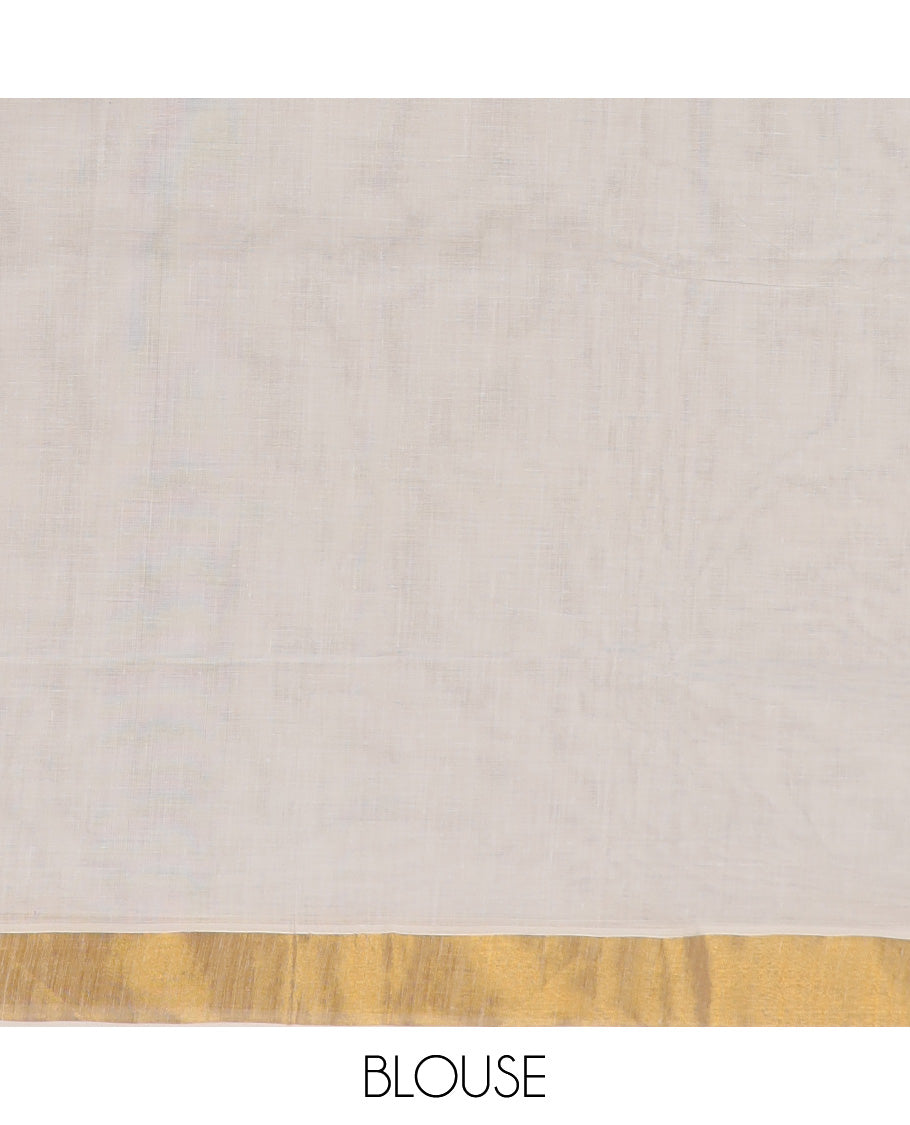 Cream kerala saree with zari design, plain border & pallu of intricate designs