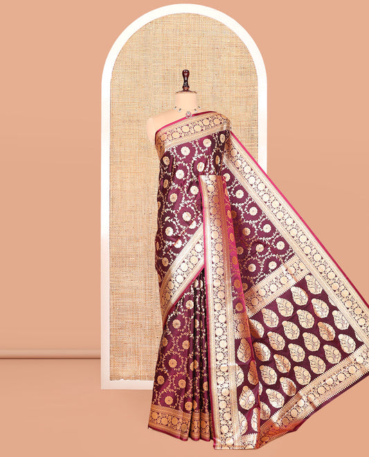 Maroon Banarasi Nylon Saree, Mesmerized with  Jaal Jacquard, Floral Creeper Zari Border, Intricate Pallu, and a Matching Blouse