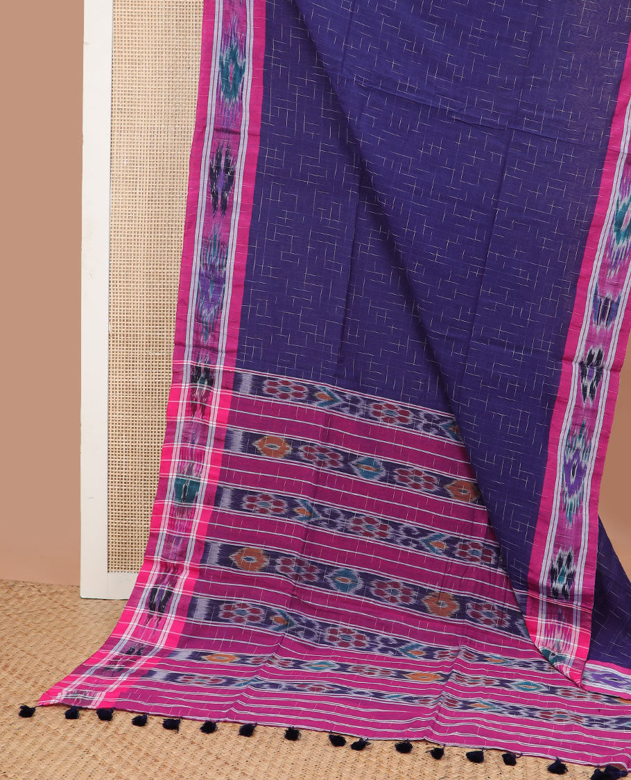 Dark blue checked design ikkat cotton saree with floral design border & floral design pallu