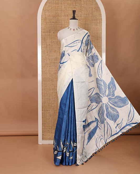 Borderless cream-blue batik-style floral printed khadi cotton saree, printed pallu & printed blouse