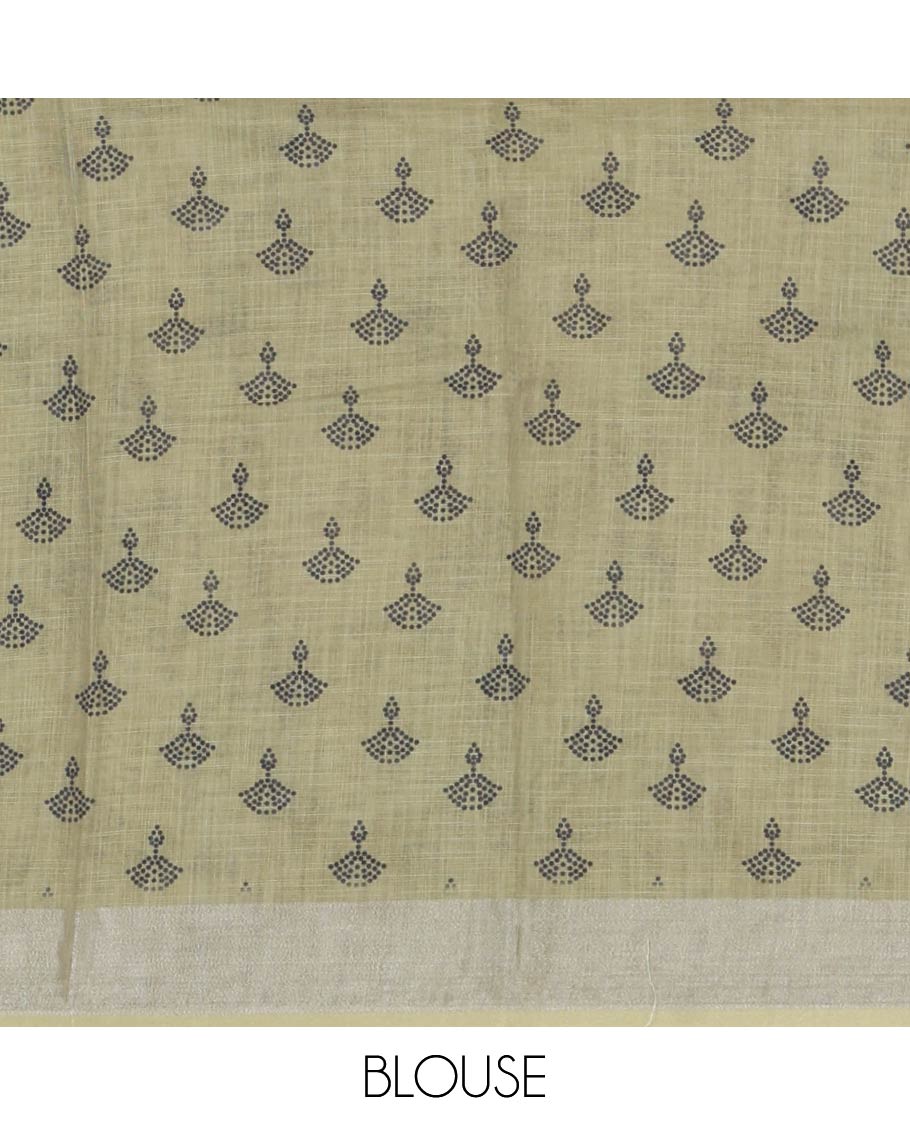 Green Linen Cotton Saree, Embellished with Silhouette-Style Floral Motifs Printed on Its Body, Subtle Zari Bavanji Border, Pallu of Silhouette-Style Floral Print, and Comes with a Matching Blouse