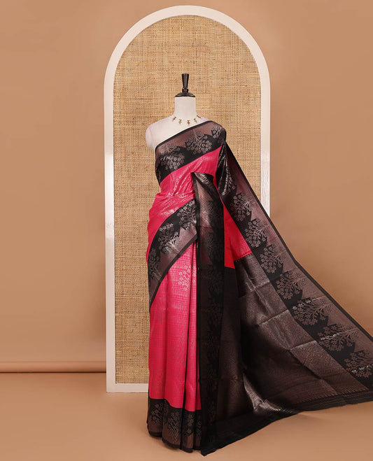 Rani pink zari checked & floral buttas kanchi silk saree,contrast satin border of floral zari motifs,intrictae pallu & contrast plain blouse