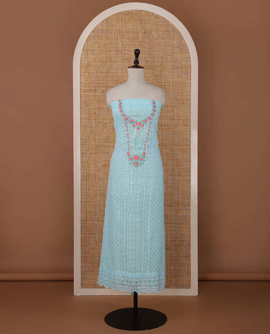 Sea blue chudidar material set,Lucknowi chikankari embroidered & neckwork georgette top,crepe plain bottom, & chiffon plain dupatta