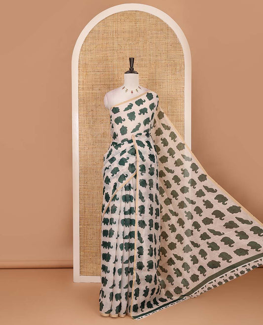 Borderless cream-green elephant motifs printed linen cotton saree, matching elephant motifs printed blouse