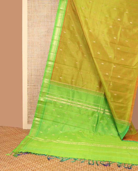 Green buttas kancheepuram silk saree with contrast border of zari design & striped, floral design pallu