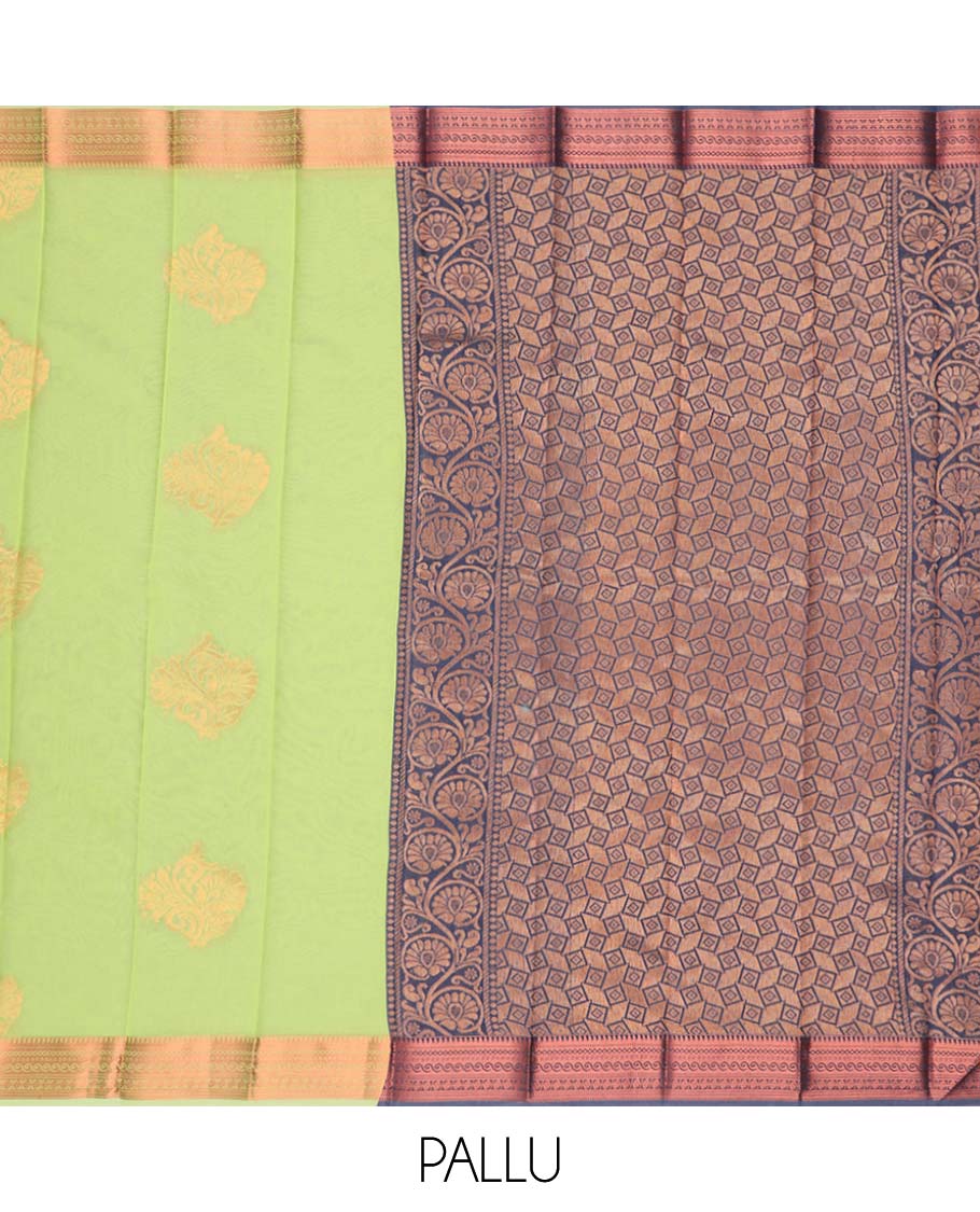 Green floral motifs kora cotton saree with contrast intricate zari design border & geometric zari design pallu