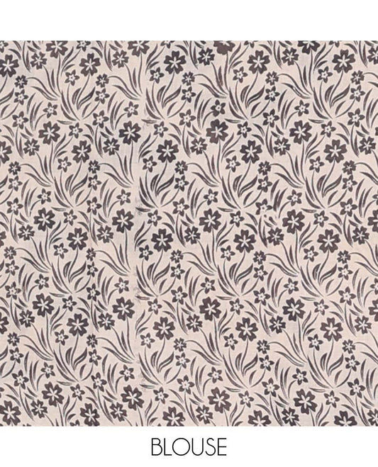 Black floral vine design machine-printed kalamkari cotton saree with self floral border & peacock design pallu