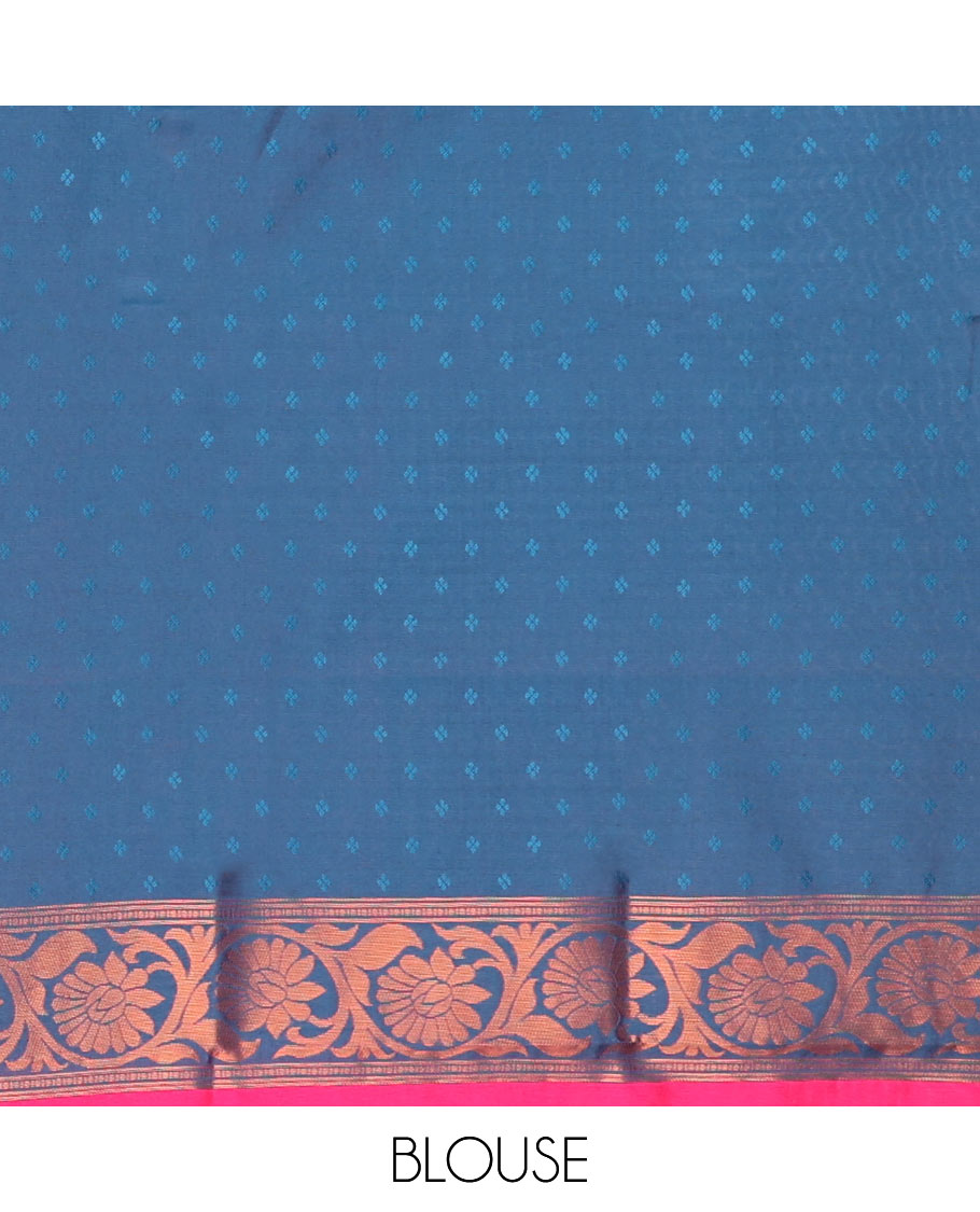Blue ikkat geometric motifs butter silk saree with contrast floral zari border & intricate floral zari pallu