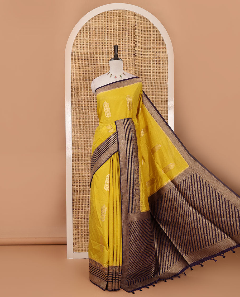 Mustard floral zari buttas dola silk saree, contrast traditional zari peacock border, diagonal floral zari striped pallu & contrast jacquard blouse