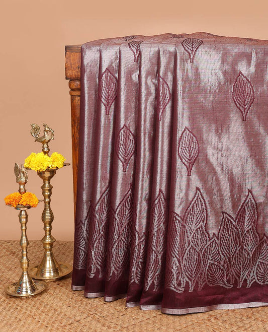 Purple leaf zari butta soft kota tussar saree with leaf designb order & rich weaving pallu along with checks design blouse