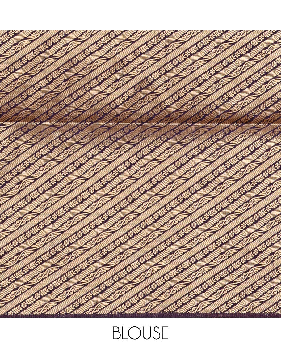 Mustard floral zari buttas dola silk saree, contrast traditional zari peacock border, diagonal floral zari striped pallu & contrast jacquard blouse