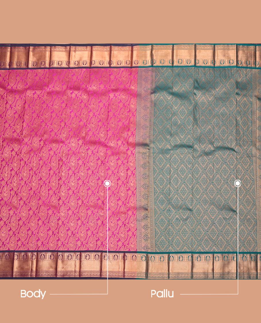 Rani Pink Budget Silk Saree, Steeped in Richness of Jacquard Design, Complemented by a Contrast Traditional Zari Border, Grand Pallu, and a Contrast Blouse