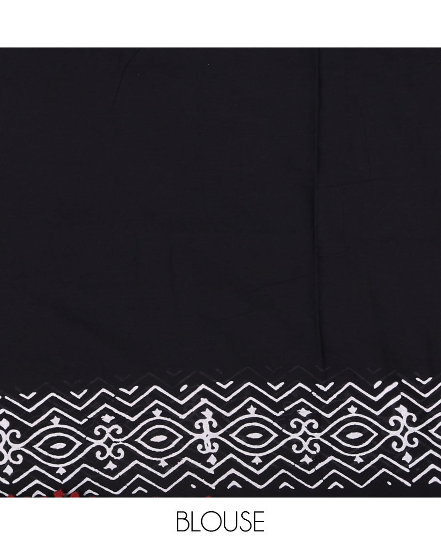 Black dancing girl motif printed soft cotton saree, batik printed pom-pom tasseled border, bird motifs printed pallu, and matching blouse