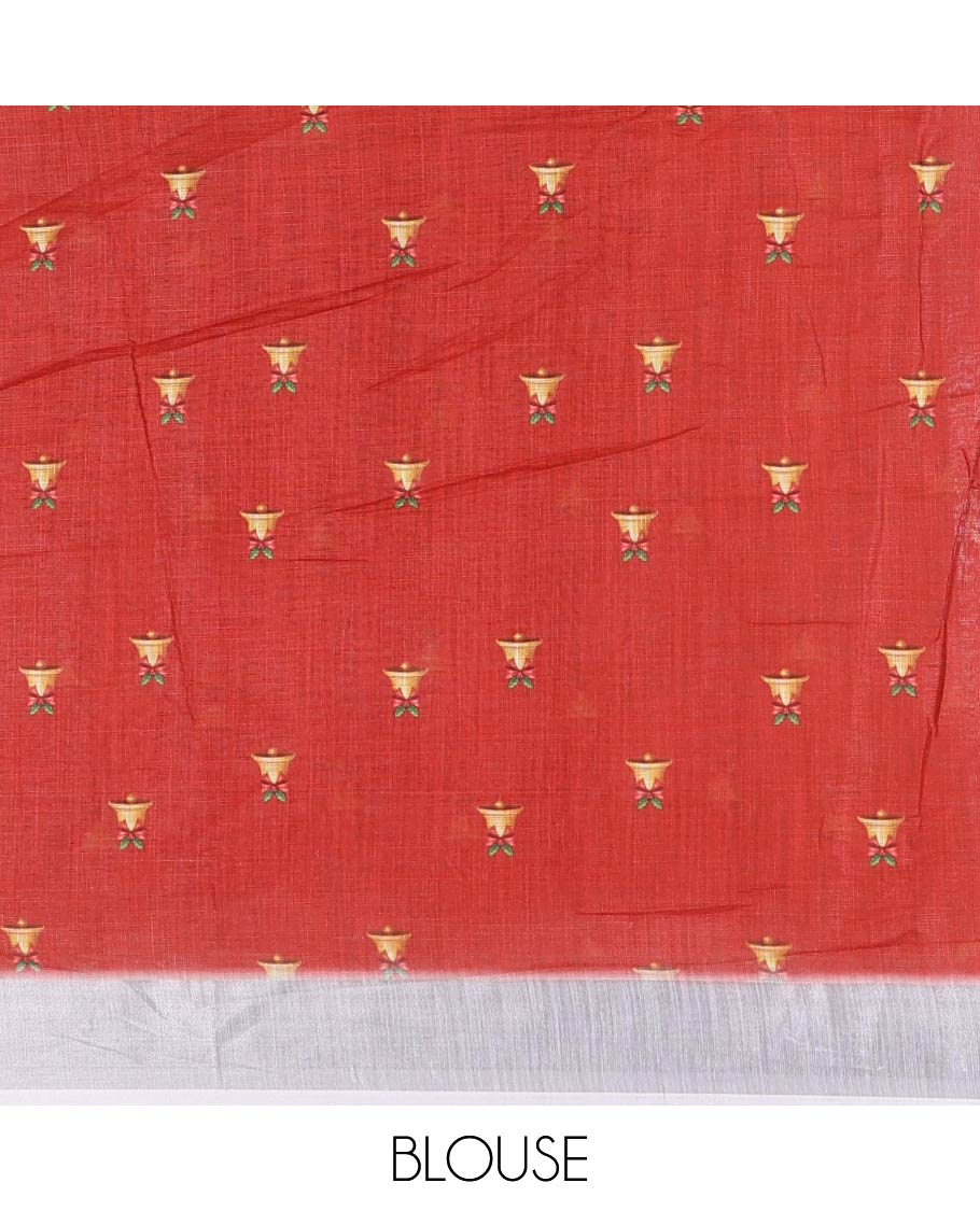 White jingle bell and Christmas tree motifs printed linen saree with bavanji borders, Santa Claus figure printed pallu, and a contrast jingle bell printed blouse