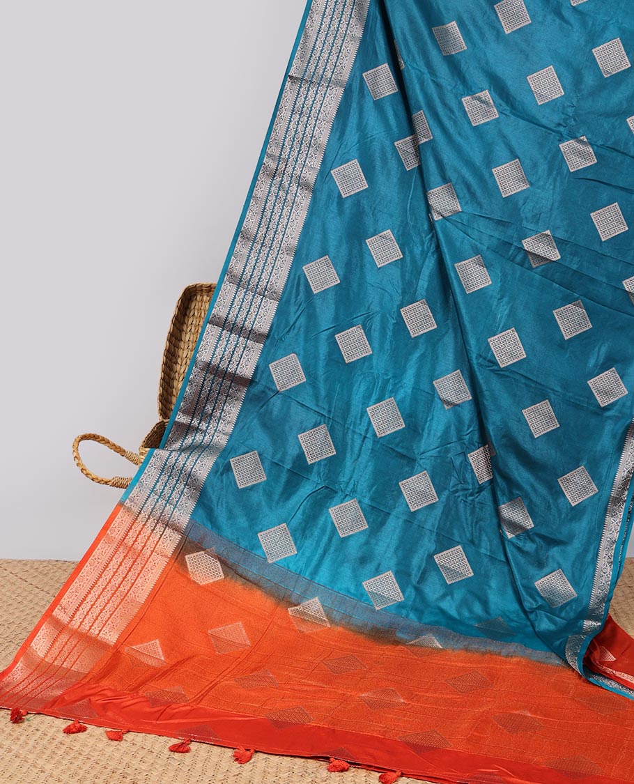 Blue square motifs semi- banaras tussar saree with self zari striped border &  square motifs pallu