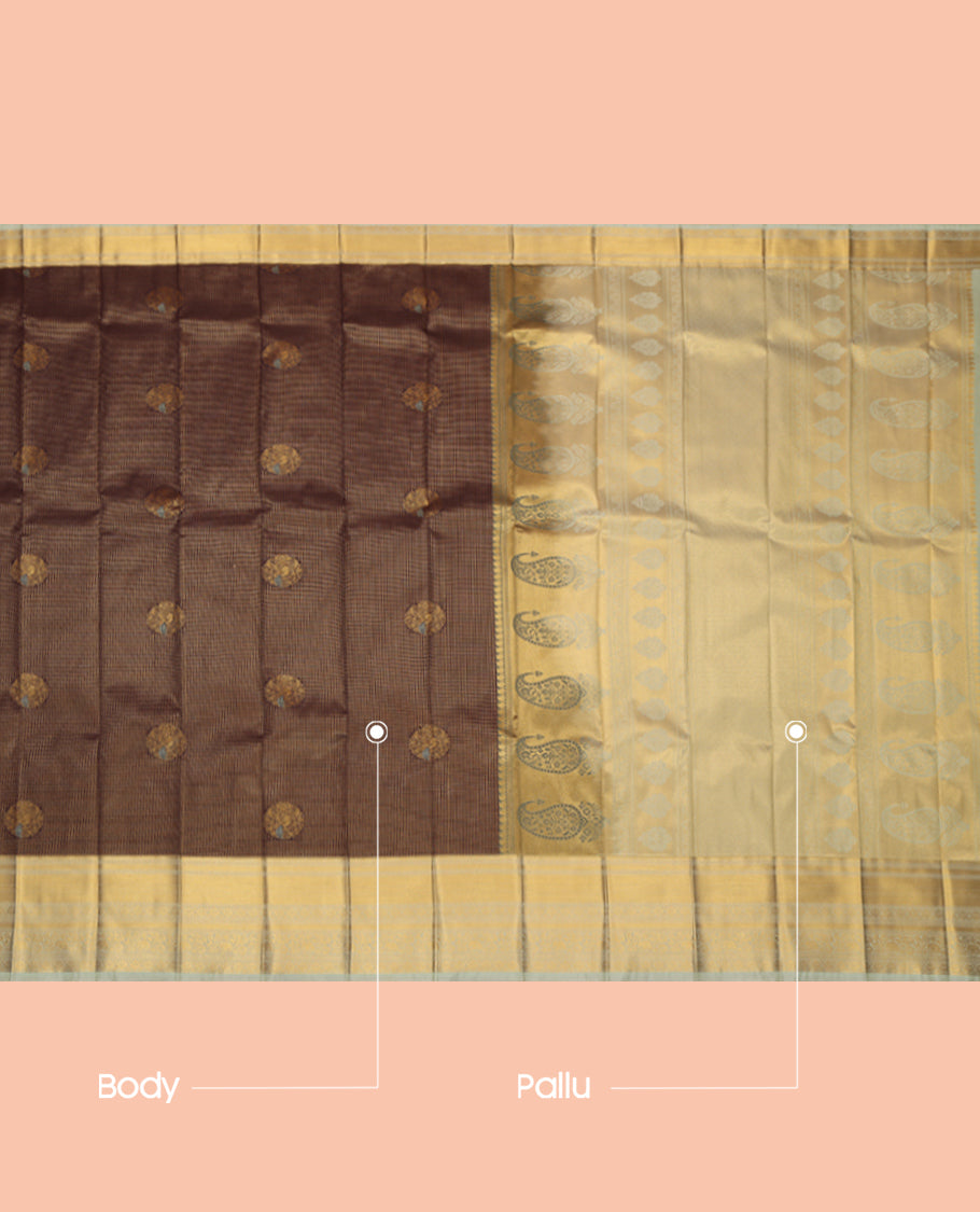 Brown Budget Silk Saree, Spotlighted with Peacock Buttas and Checks, a Contrast Traditional Zari Border, an Intricate Pallu and a Contrast Blouse
