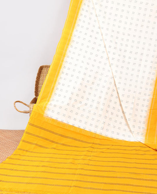 Cream Geomentric buttas ikkat cotton saree with contrast plain border &striped design pallu