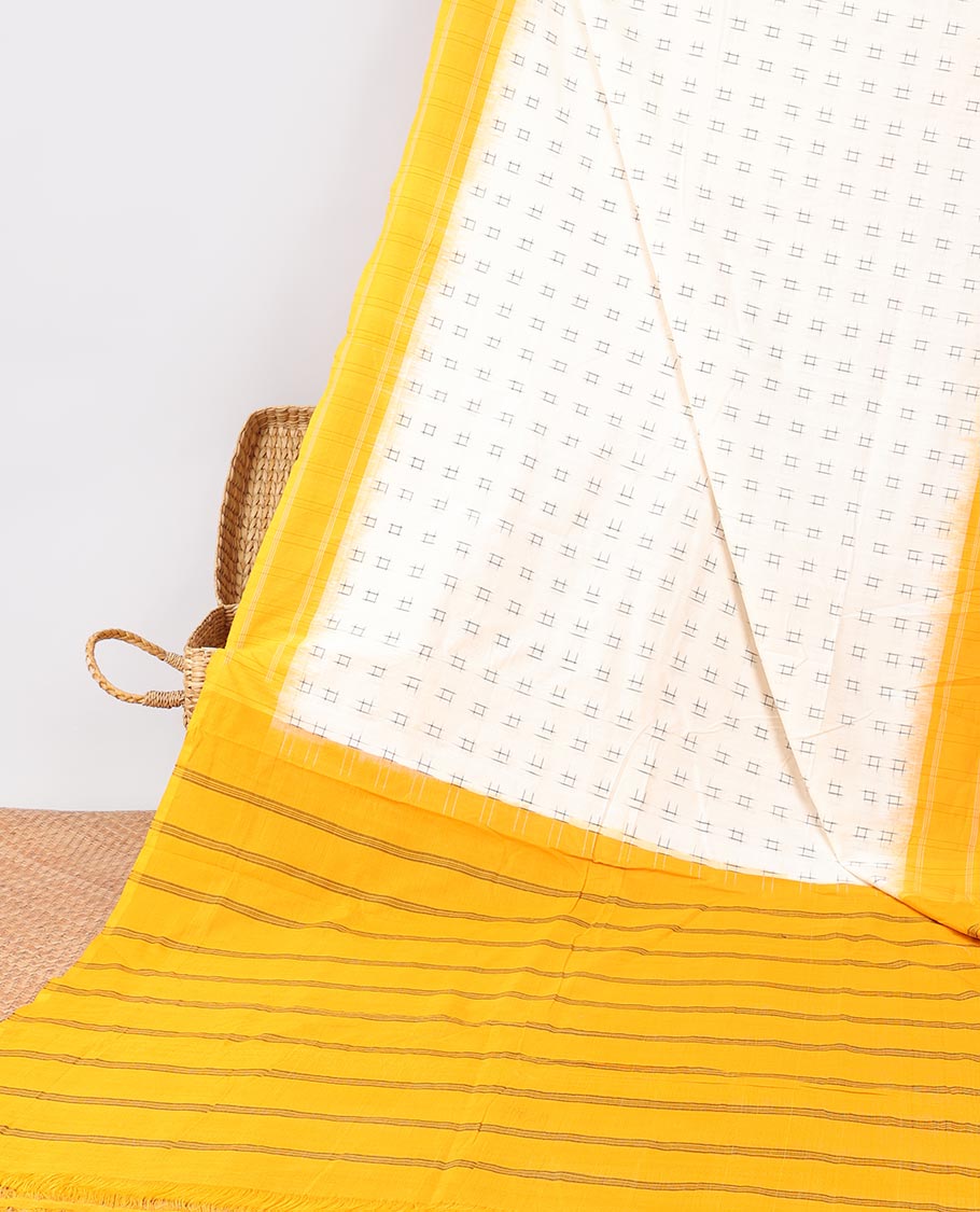 Cream Geomentric buttas ikkat cotton saree with contrast plain border &striped design pallu