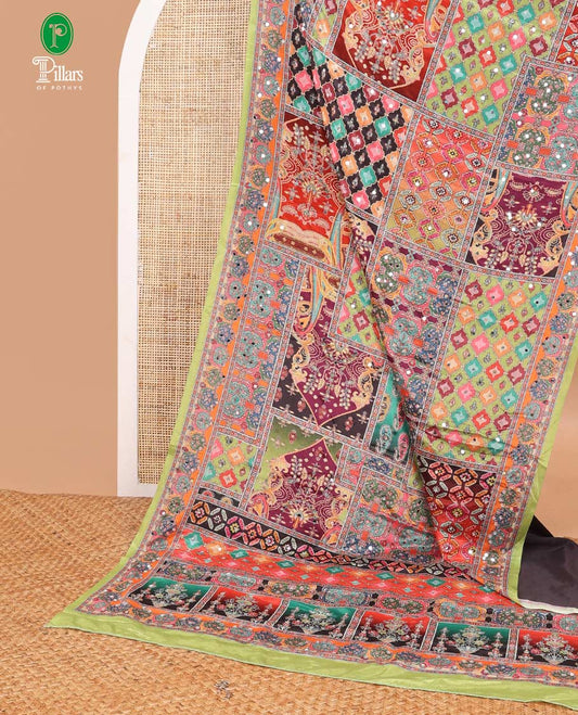 Multi-color printed, mirror work synon silk saree with printed border & printed rich pallu along with plain blouse