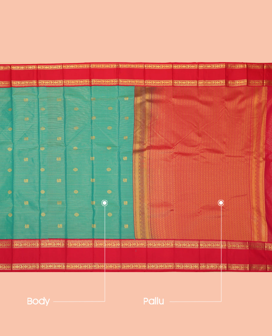 Green Budget Silk Saree, Beautified with Peacock-Chakram Buttas and Stripes, a Contrast Traditional Zari Rettai Pettu Border, Grand Pallu, and a Contrast Blouse