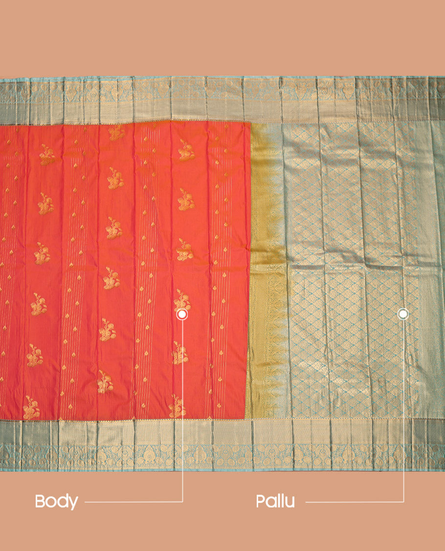 Orange Budget Silk Saree, Graced with Zari Buttas, Complemented by a Contrast Traditional Border, Jaal Pallu, and a Contrast Blouse