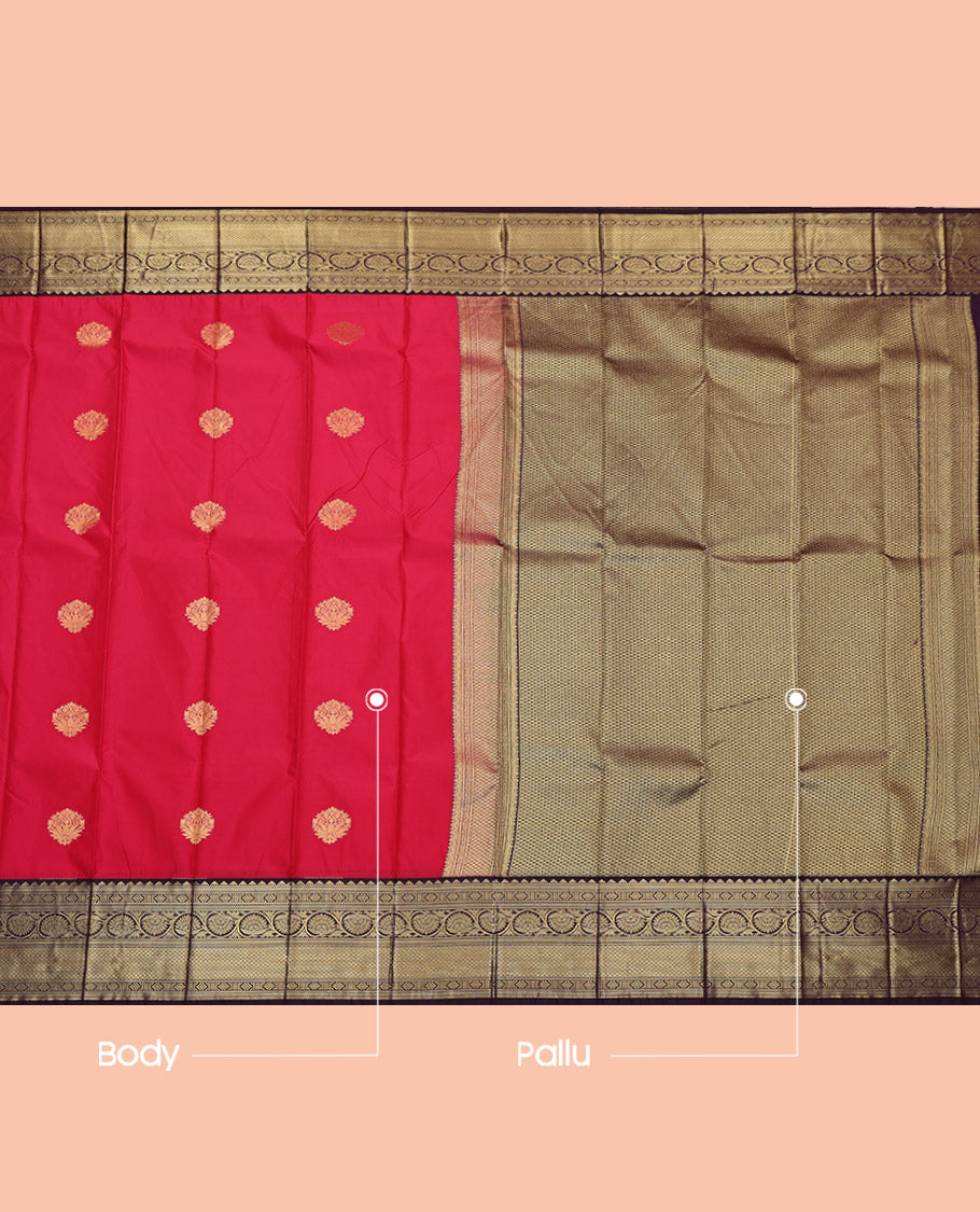 Red Budget Silk Saree, Enriched with Zari Buttas, Complemented by Contrast Traditional Zari Border, Grand Pallu and a Contrast Blouse